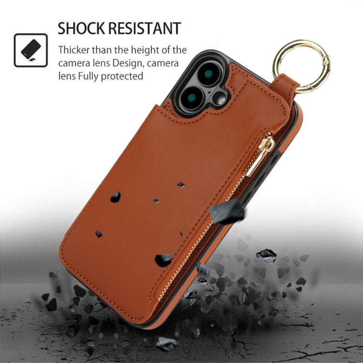 For iPhone 16 RFlD Anti-theft Double Buckle Ring Zipper Card Phone Case