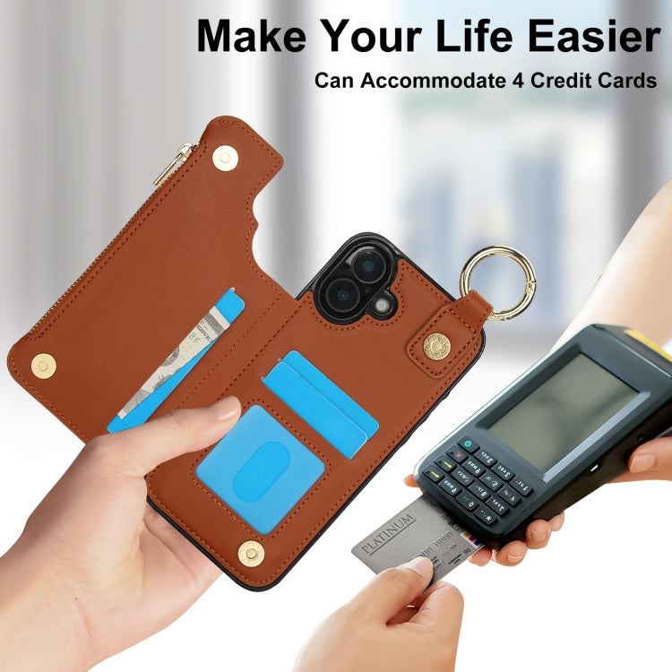 For iPhone 16 RFlD Anti-theft Double Buckle Ring Zipper Card Phone Case