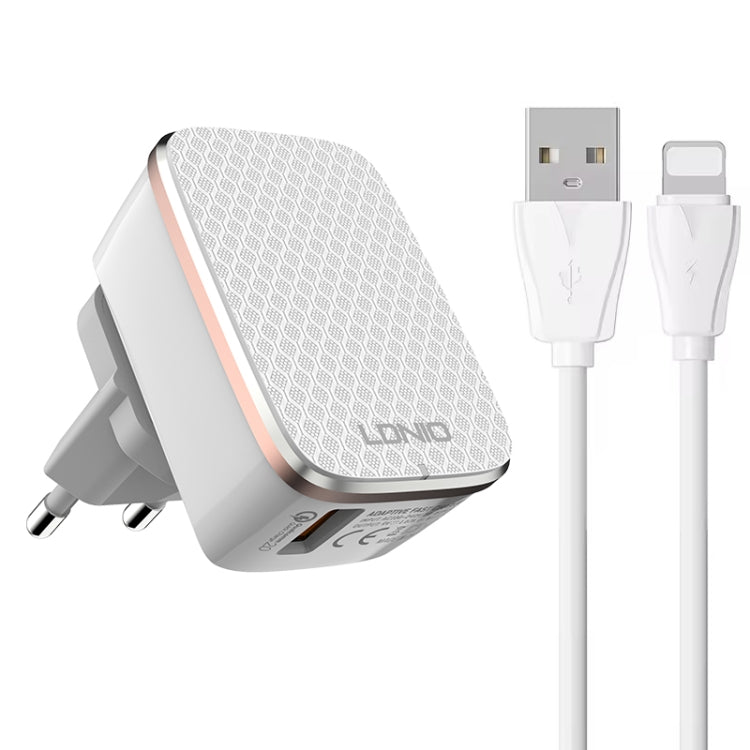 LDNIO A1204Q QC3.0 18W USB Fast Charger with 1m USB to 8 Pin Cable, Plug Type:EU Plug - White Gold