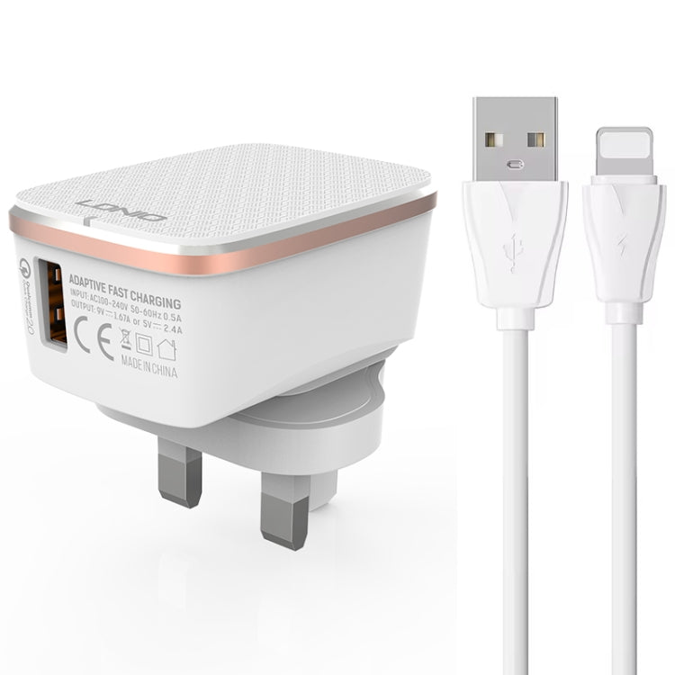 LDNIO A1204Q QC3.0 18W USB Fast Charger with 1m USB to 8 Pin Cable, Plug Type:UK Plug - White Gold