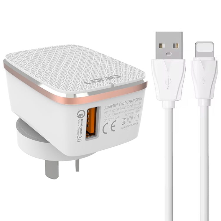 LDNIO A1204Q QC3.0 18W USB Fast Charger with 1m USB to 8 Pin Cable, Plug Type:US Plug - White Gold