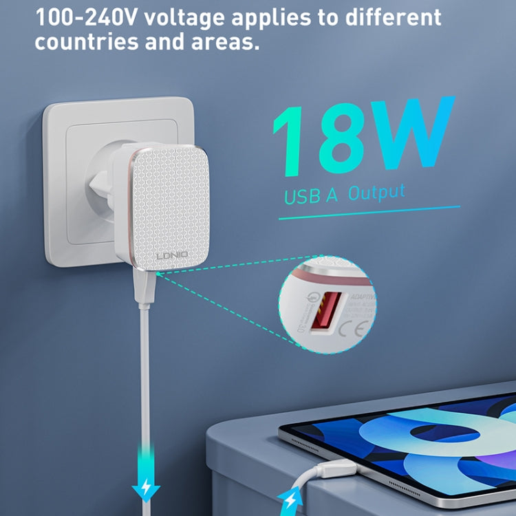 LDNIO A1204Q QC3.0 18W USB Fast Charger with 1m USB to 8 Pin Cable, Plug Type:EU Plug - White Gold