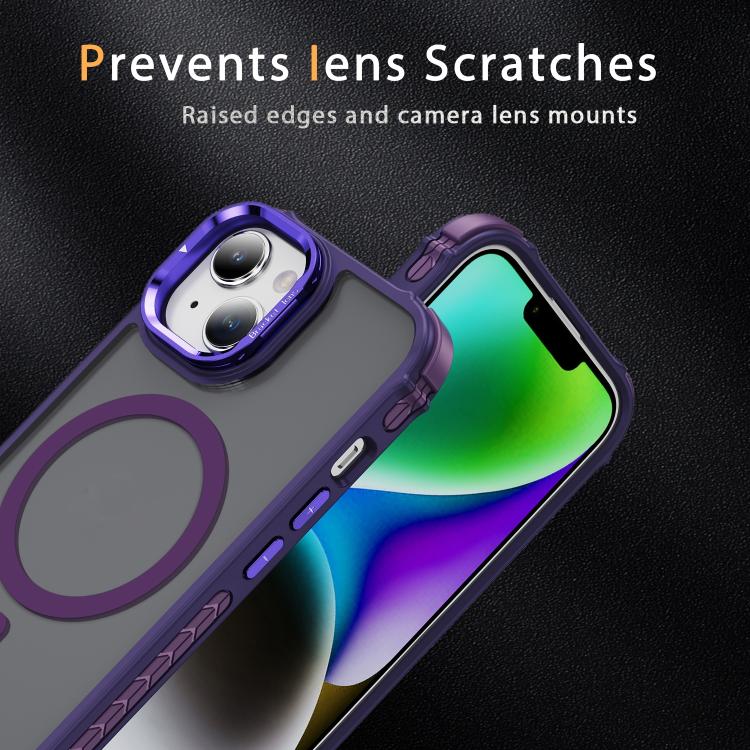For iPhone 15 Rainbow Series Skin Feel MagSafe Lens Holder Phone Case