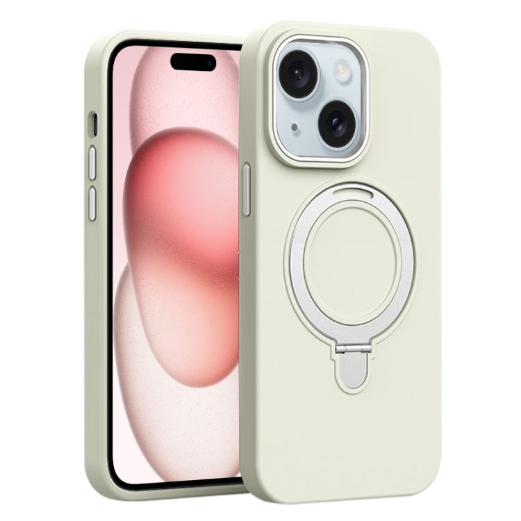 For iPhone 15 Liquid Silicone MagSafe Metal Ring Holder Phone Case