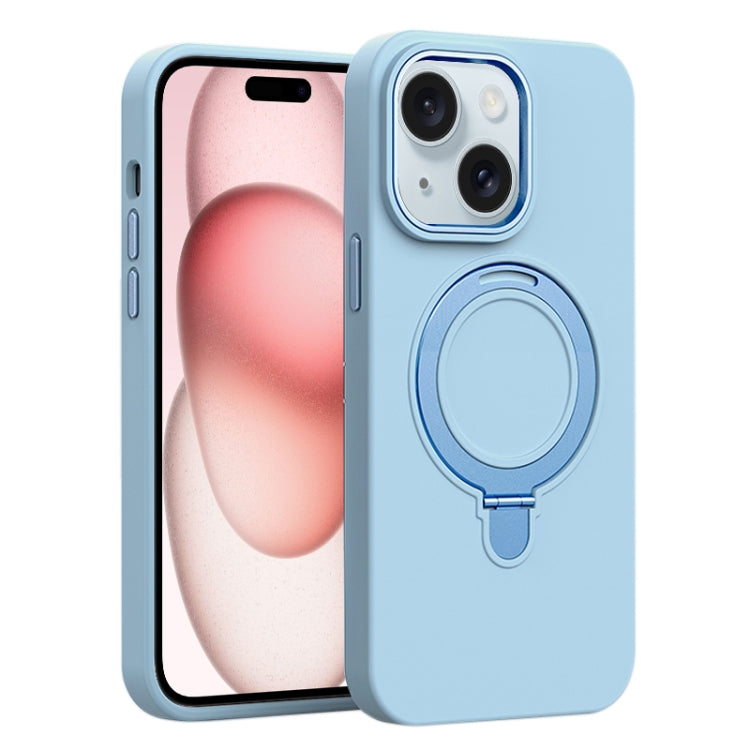 For iPhone 15 Liquid Silicone MagSafe Metal Ring Holder Phone Case