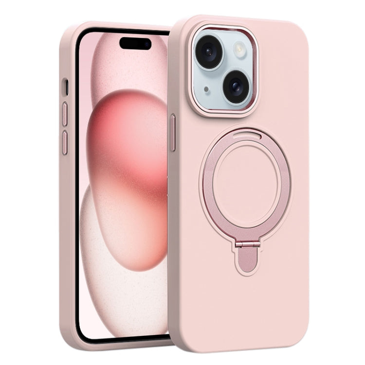 For iPhone 15 Liquid Silicone MagSafe Metal Ring Holder Phone Case