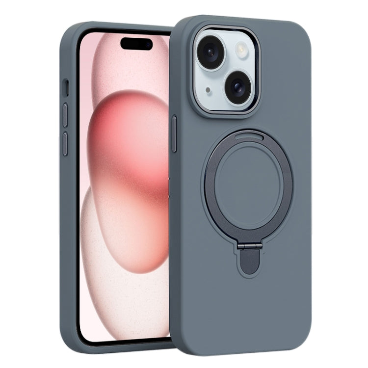 For iPhone 15 Liquid Silicone MagSafe Metal Ring Holder Phone Case