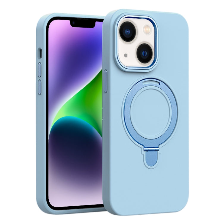 For iPhone 14 Plus Liquid Silicone MagSafe Metal Ring Holder Phone Case