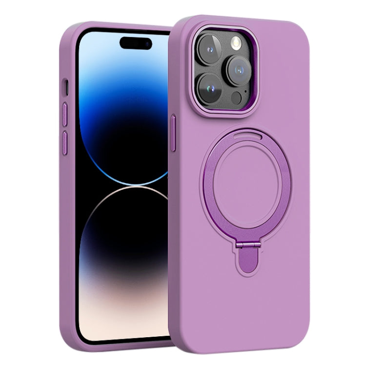 For iPhone 14 Pro Max Liquid Silicone MagSafe Metal Ring Holder Phone Case