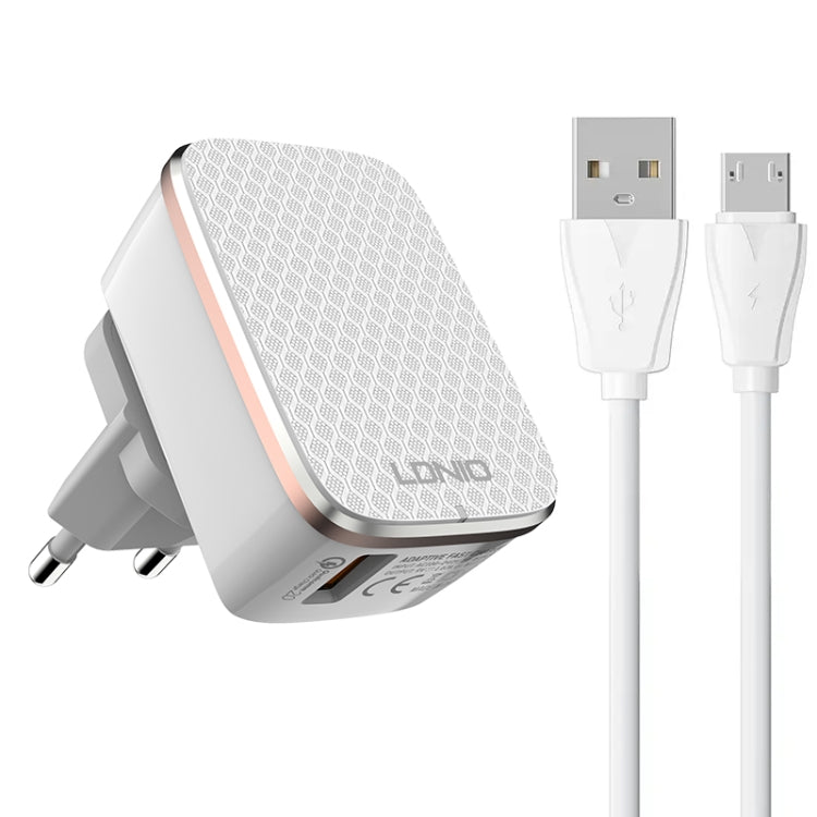 LDNIO A1204Q QC3.0 18W USB Fast Charger with 1m USB to Micro USB Cable, Plug Type:EU Plug - White Gold