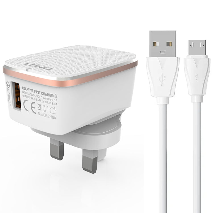 LDNIO A1204Q QC3.0 18W USB Fast Charger with 1m USB to Micro USB Cable, Plug Type:UK Plug - White Gold