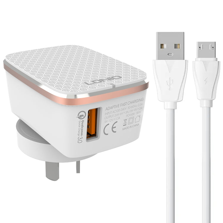 LDNIO A1204Q QC3.0 18W USB Fast Charger with 1m USB to Micro USB Cable, Plug Type:AU Plug - White Gold