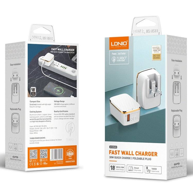 LDNIO A1204Q QC3.0 18W USB Fast Charger with 1m USB to Micro USB Cable, Plug Type:UK Plug - White Gold