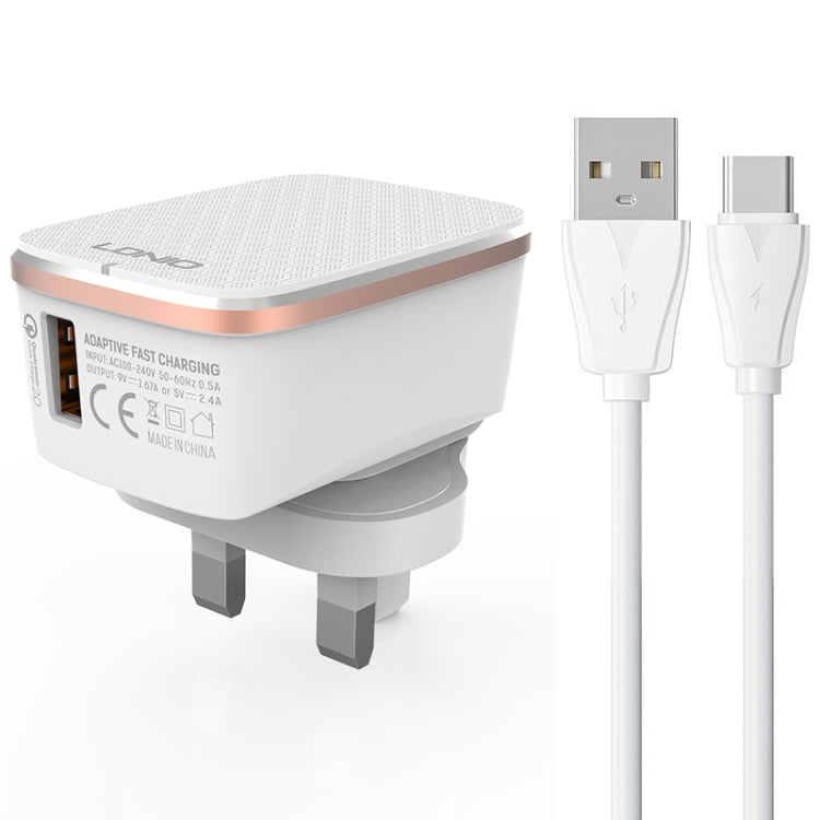 LDNIO A1204Q QC3.0 18W USB Fast Charger with 1m USB to USB-C / Type-C Cable, Plug Type:UK Plug - White Gold
