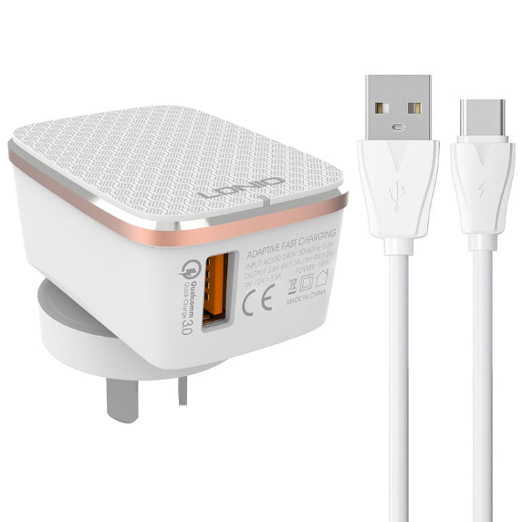 LDNIO A1204Q QC3.0 18W USB Fast Charger with 1m USB to USB-C / Type-C Cable, Plug Type:US Plug - White Gold