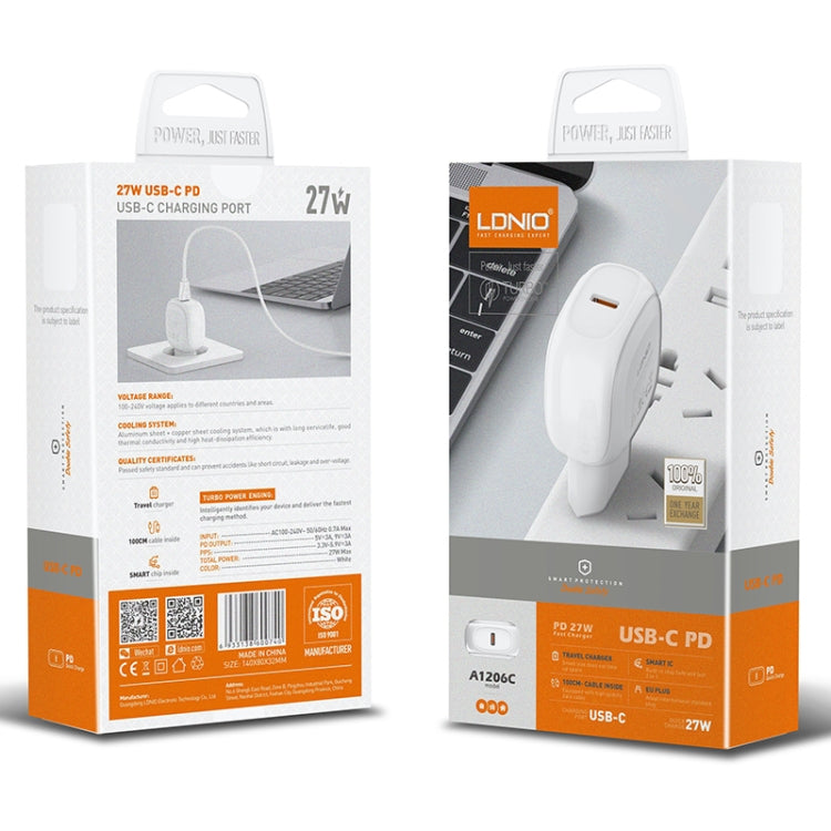 LDNIO A1206C PD27W USB-C / Type-C Fast Charger with 1m 8 Pin Cable, Plug Type:EU Plug - White