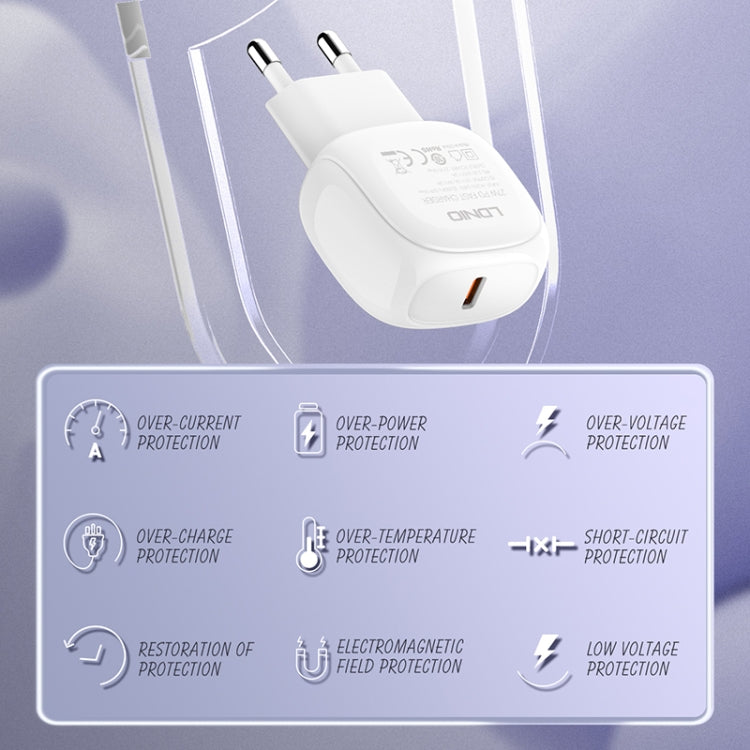 LDNIO A1206C PD27W USB-C / Type-C Fast Charger with 1m 8 Pin Cable, Plug Type:EU Plug - White