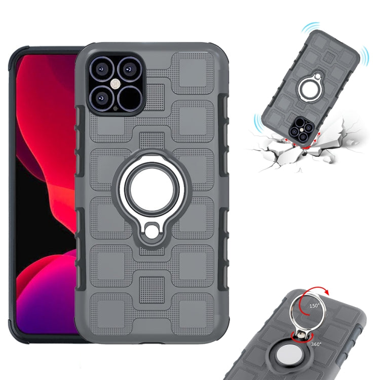 For iPhone 12 / 12 Pro 2 In 1 Cube PC + TPU Protective Case with 360 Degrees Rotate Silver Ring Holder