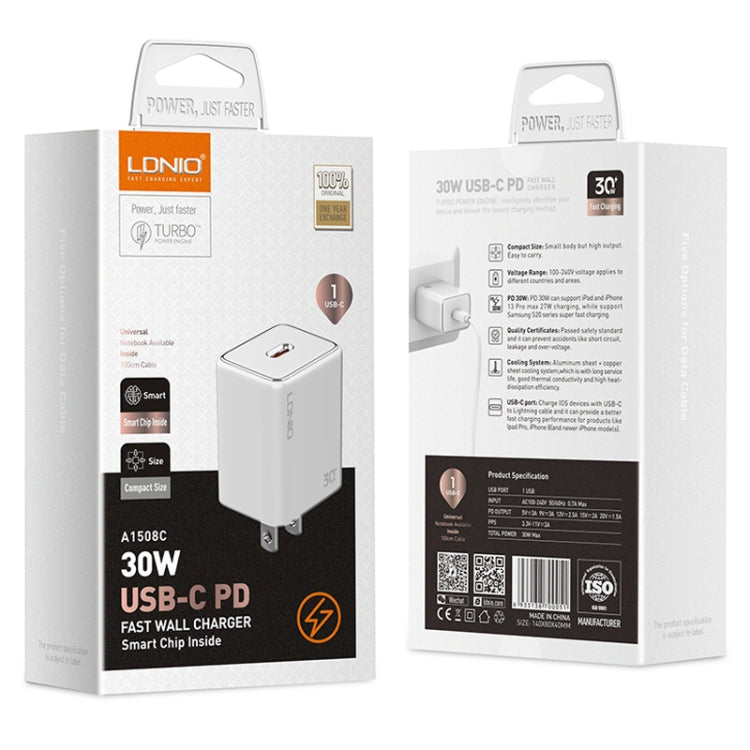 LDNIO A1508C PD30W USB-C / Type-C Fast Charger with 1m 8 Pin Cable - White