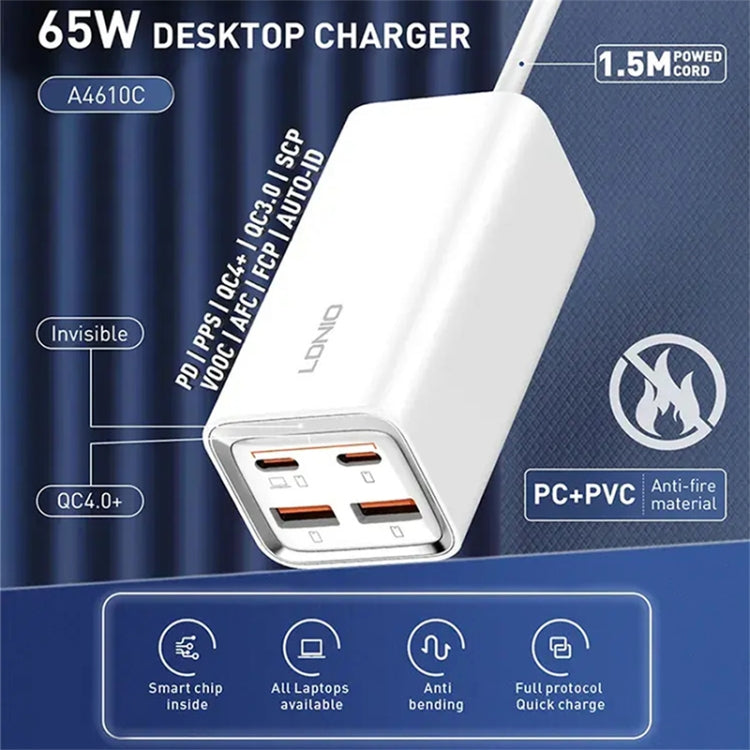 LDNIO A4610C PD65W Dual USB-C / Type-C + Dual USB Fast Charger, Cable Length: 1.5m, Plug Type:EU Plug· - White