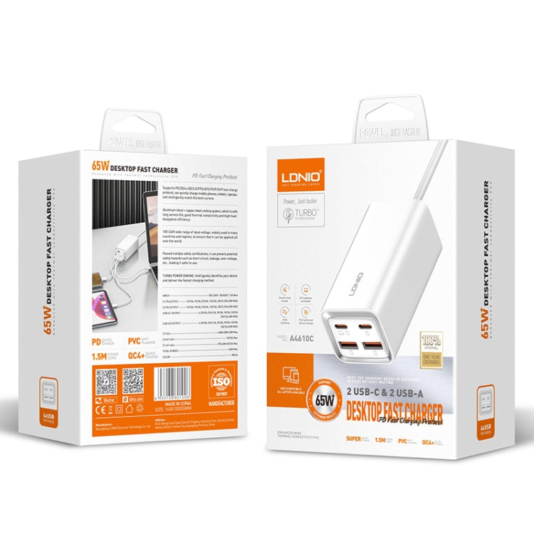 LDNIO A4610C PD65W Dual USB-C / Type-C + Dual USB Fast Charger, Cable Length: 1.5m, Plug Type:US Plug - White
