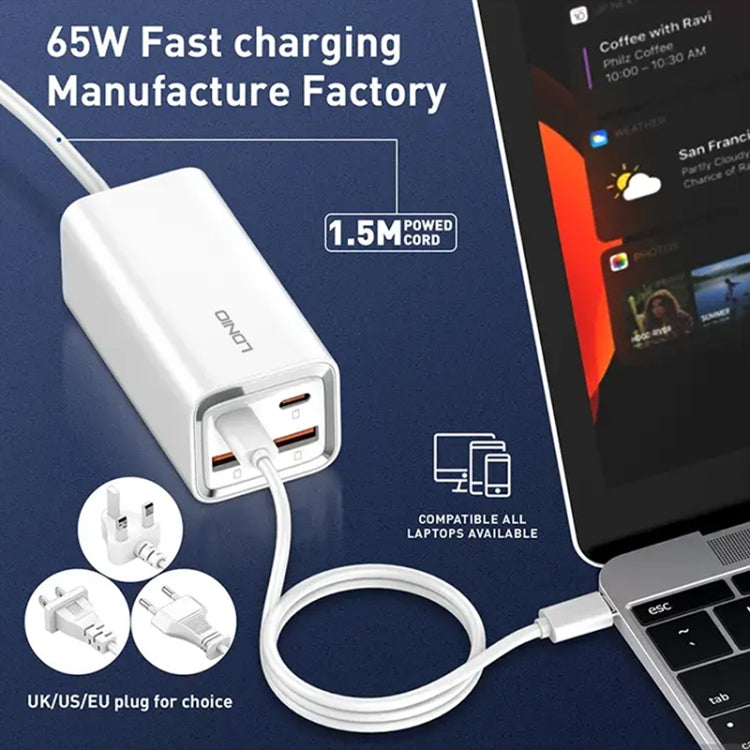 LDNIO A4610C PD65W Dual USB-C / Type-C + Dual USB Fast Charger, Cable Length: 1.5m, Plug Type:US Plug - White