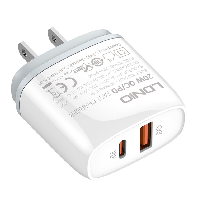 LDNIO Q229 QC3.0 / PD20W USB + Type-C Fast Charger with 1m Type-C to 8 Pin Cable, Plug Type:US Plug - White
