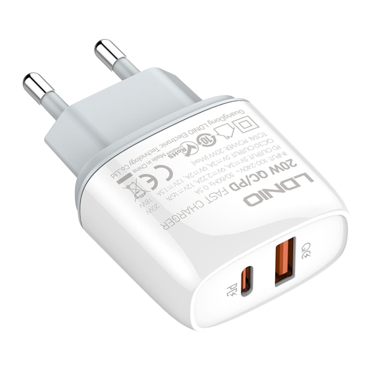 LDNIO Q229 QC3.0 / PD20W USB + Type-C Fast Charger with 1m Type-C to Type-C Cable, Plug Type:EU Plug - White