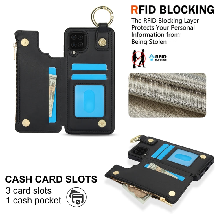 For Samsung Galaxy A12 RFlD Anti-theft Double Buckle Ring Zipper Card Phone Case