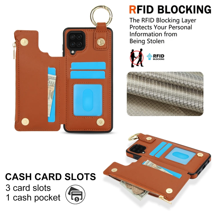 For Samsung Galaxy A12 RFlD Anti-theft Double Buckle Ring Zipper Card Phone Case