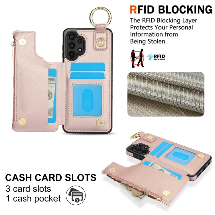 For Samsung Galaxy A13 4G / 5G RFlD Anti-theft Double Buckle Ring Zipper Card Phone Case