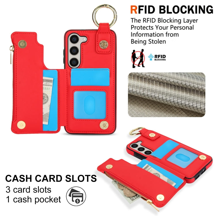For Samsung Galaxy A14 4G / 5G RFlD Anti-theft Double Buckle Ring Zipper Card Phone Case