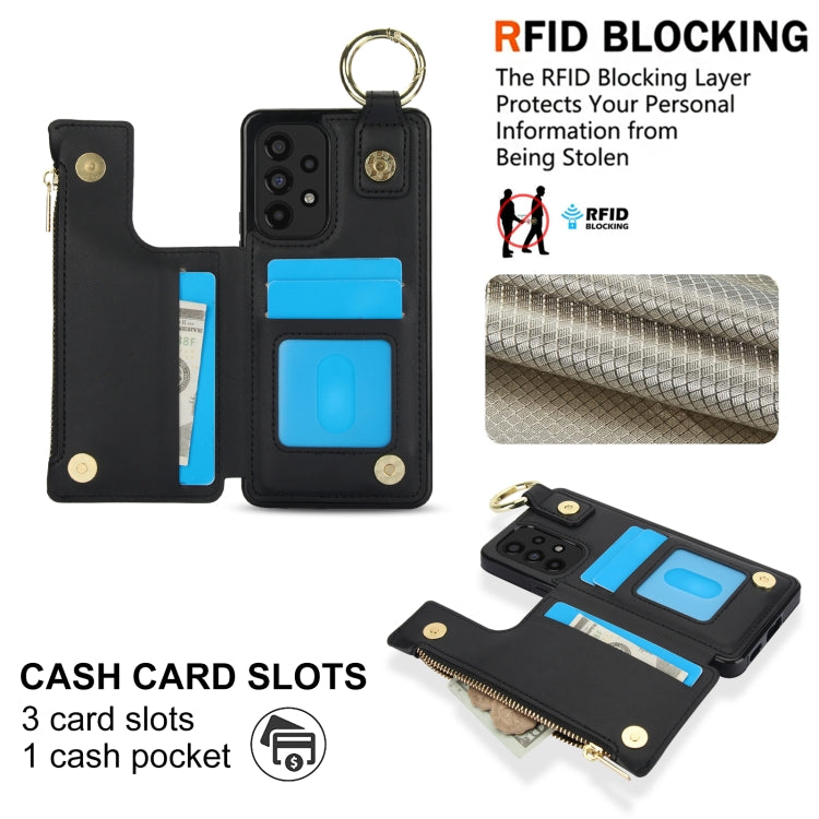 For Samsung Galaxy A73 4G / 5G RFlD Anti-theft Double Buckle Ring Zipper Card Phone Case