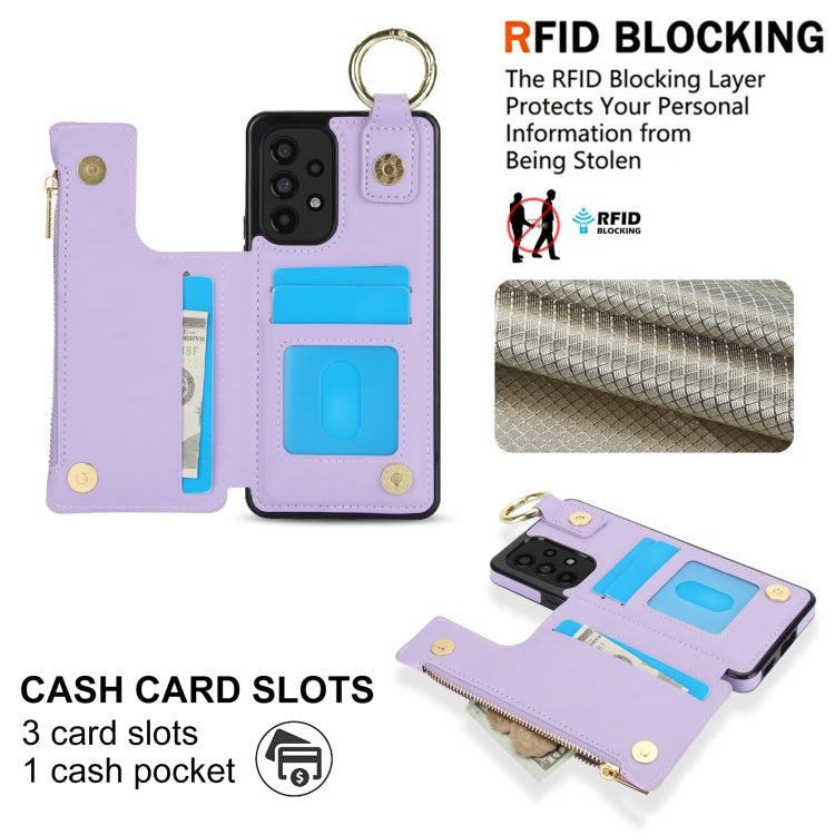 For Samsung Galaxy A73 4G / 5G RFlD Anti-theft Double Buckle Ring Zipper Card Phone Case