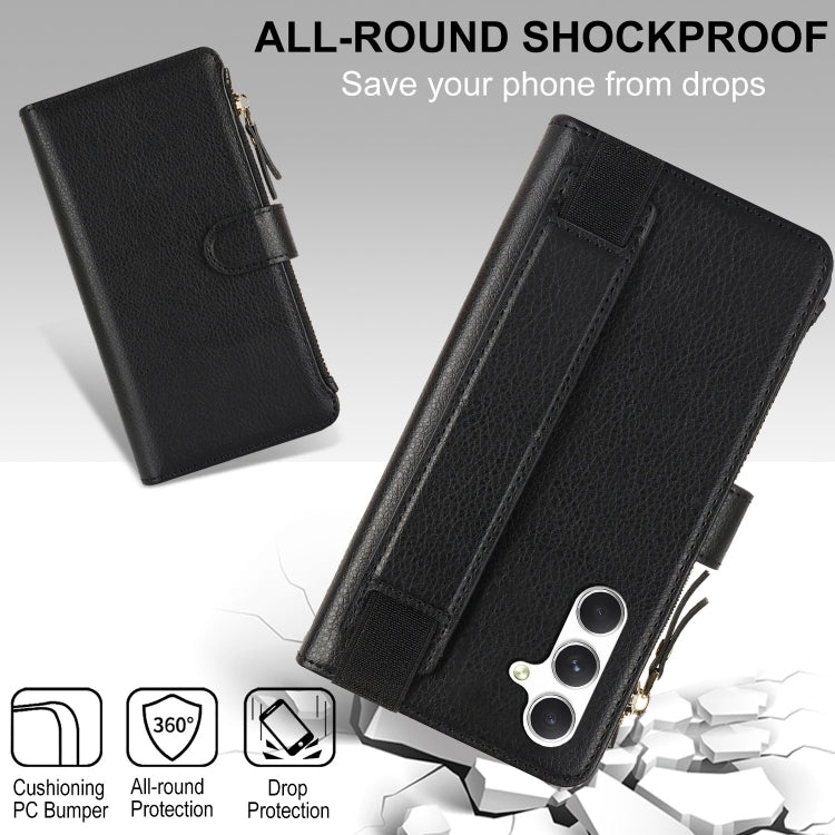 For Samsung Galaxy A15 Wristband Holder Zipper Purse RFID Leather Phone Case