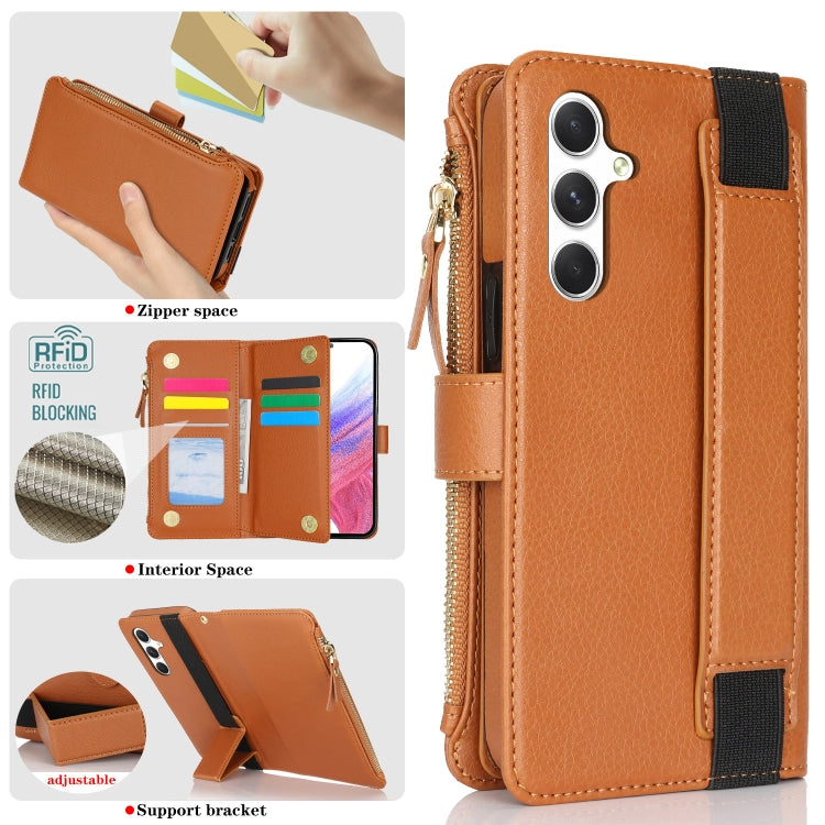 For Samsung Galaxy A15 Wristband Holder Zipper Purse RFID Leather Phone Case
