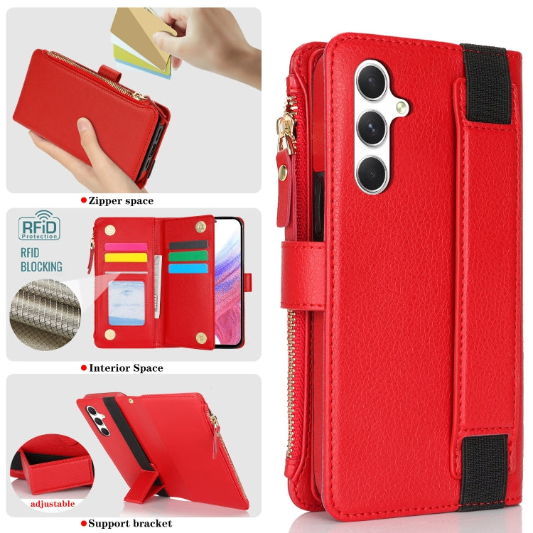 For Samsung Galaxy A15 Wristband Holder Zipper Purse RFID Leather Phone Case