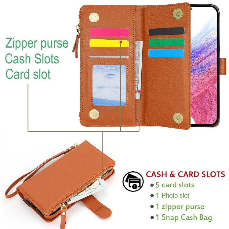 For Samsung Galaxy A14 Wristband Holder Zipper Purse RFID Leather Phone Case