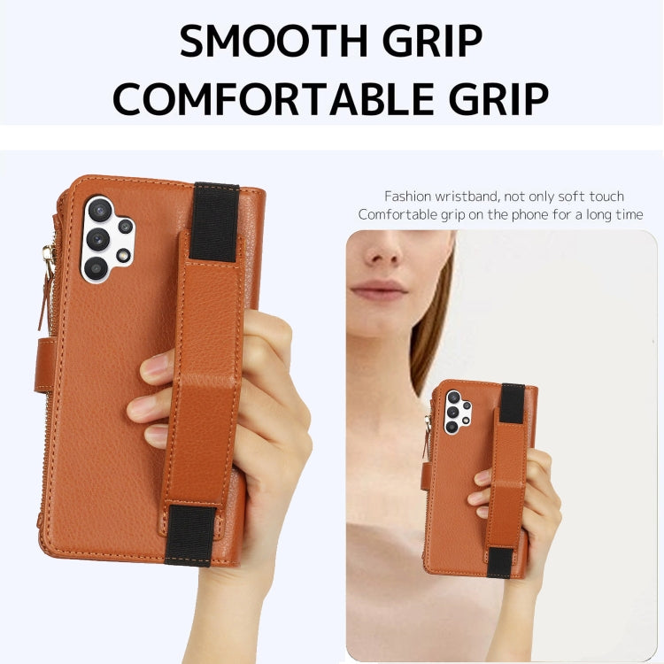 For Samsung Galaxy A13 5G / 4G Wristband Holder Zipper Purse RFID Leather Phone Case