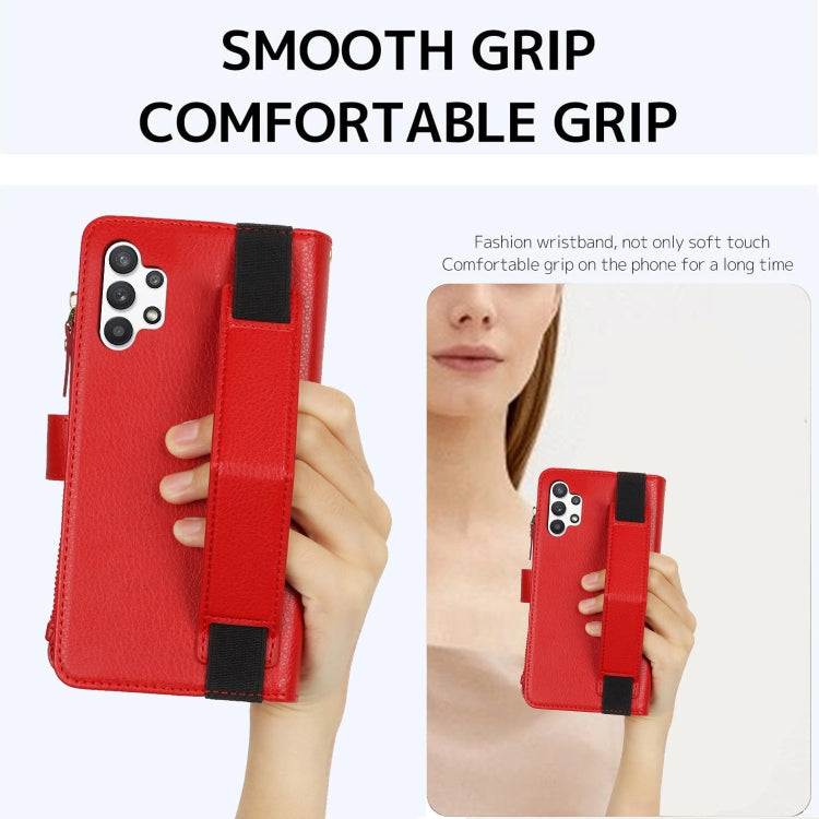 For Samsung Galaxy A13 5G / 4G Wristband Holder Zipper Purse RFID Leather Phone Case