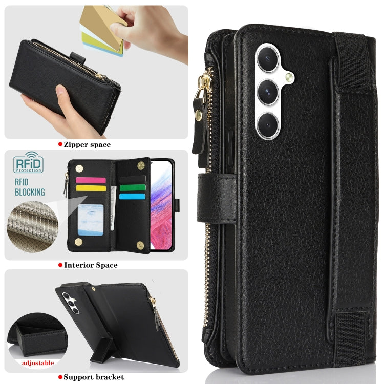 For Samsung Galaxy A54 Wristband Holder Zipper Purse RFID Leather Phone Case