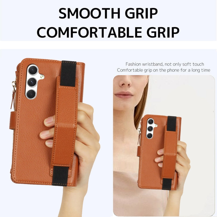 For Samsung Galaxy A55 Wristband Holder Zipper Purse RFID Leather Phone Case