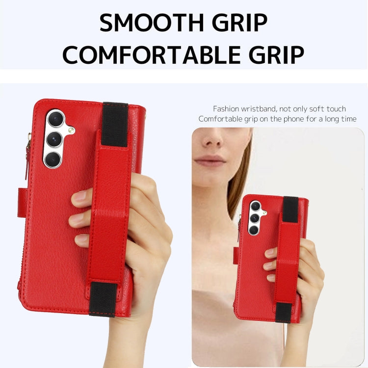For Samsung Galaxy A55 Wristband Holder Zipper Purse RFID Leather Phone Case