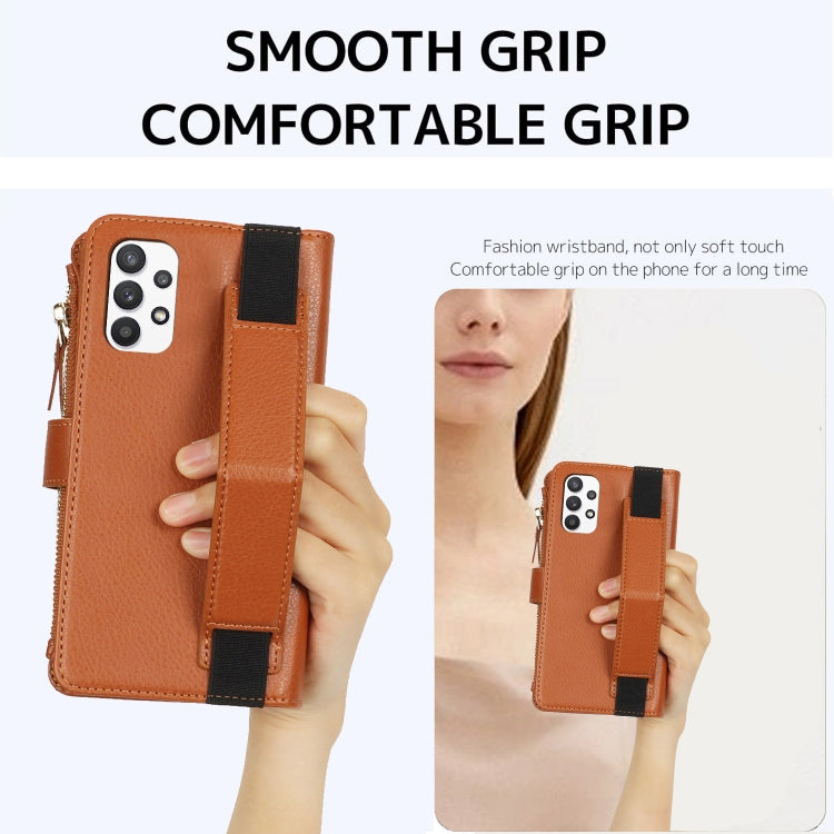 For Samsung Galaxy A72 Wristband Holder Zipper Purse RFID Leather Phone Case