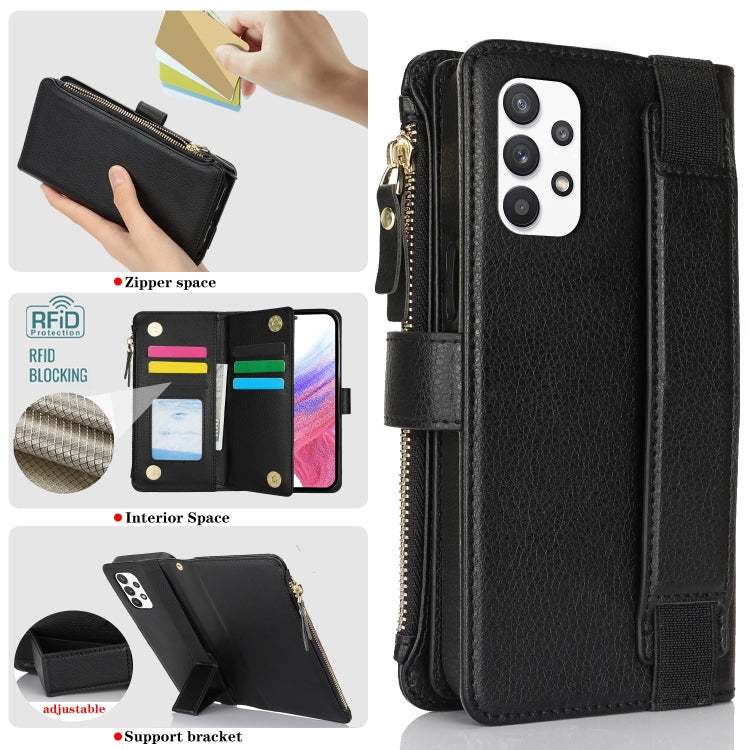 For Samsung Galaxy A73 Wristband Holder Zipper Purse RFID Leather Phone Case