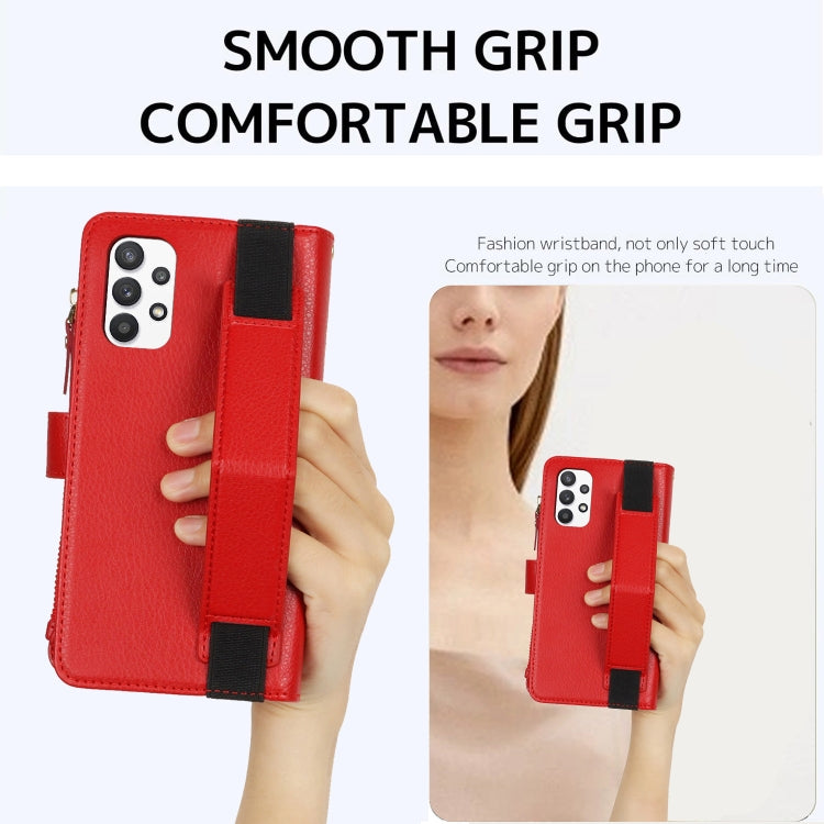 For Samsung Galaxy A73 Wristband Holder Zipper Purse RFID Leather Phone Case