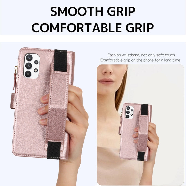 For Samsung Galaxy A73 Wristband Holder Zipper Purse RFID Leather Phone Case