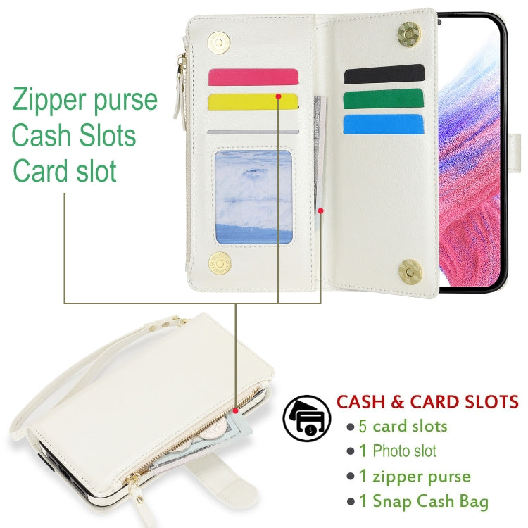 For Samsung Galaxy A73 Wristband Holder Zipper Purse RFID Leather Phone Case