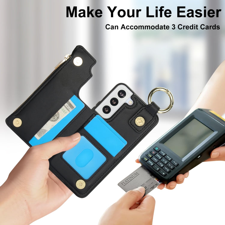 For Samsung Galaxy S21 FE 5G RFlD Anti-theft Double Buckle Ring Zipper Card Phone Case