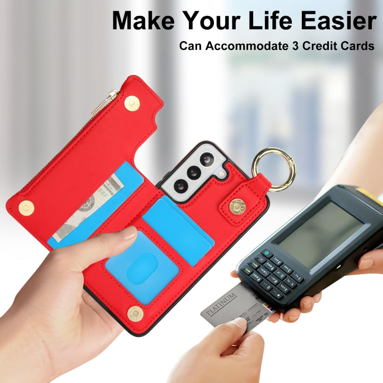 For Samsung Galaxy S21 FE 5G RFlD Anti-theft Double Buckle Ring Zipper Card Phone Case
